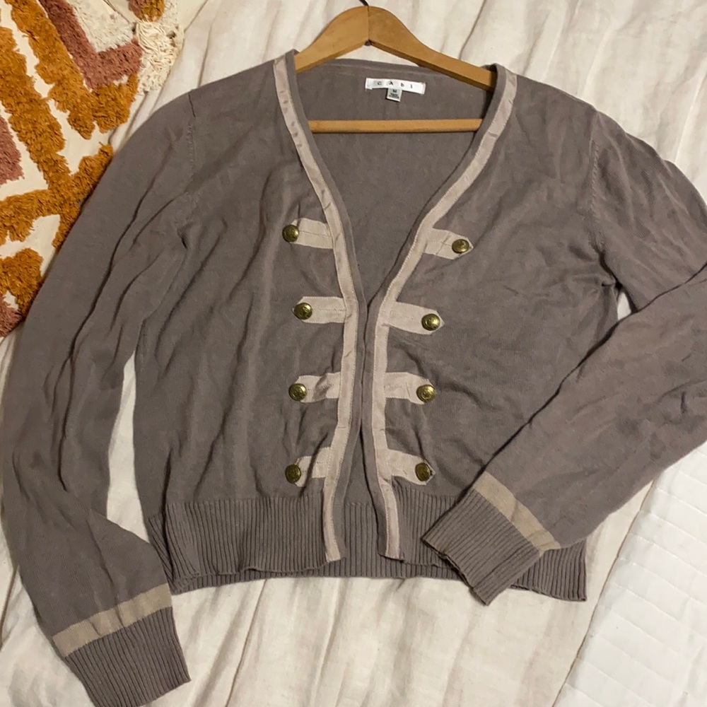 CAbi grey and tan button cardigan with eyelet closures.